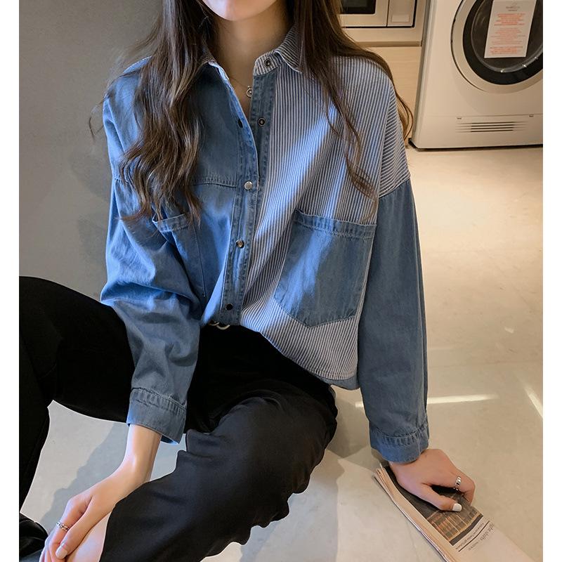 Women's Retro Denim Shirt Jacket - Long Sleeve, Loose Fit, Autumn 2023 Hong Kong Style Fashion.