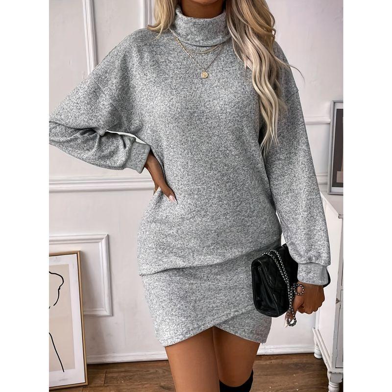 

Fashion Style Autumn and Winter New Arrival Women s Clothing Fashion Temperament High Collar Long Sleeves Ruched Irregular Hip-Wrapped Dress Dress Gray XS