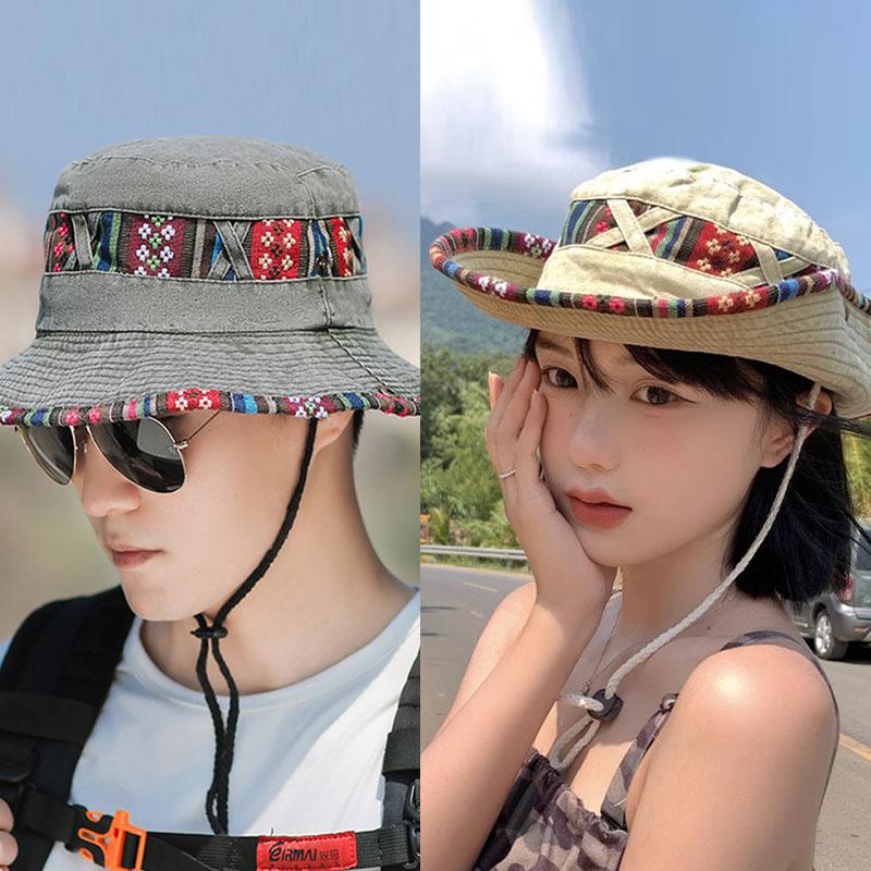 2026 Summer Bucket Hat With Wind Rope Women Man Vintage Beach Sun Fishing Hats Outdoor Hiking Bob Panama Summer Fisherman Caps