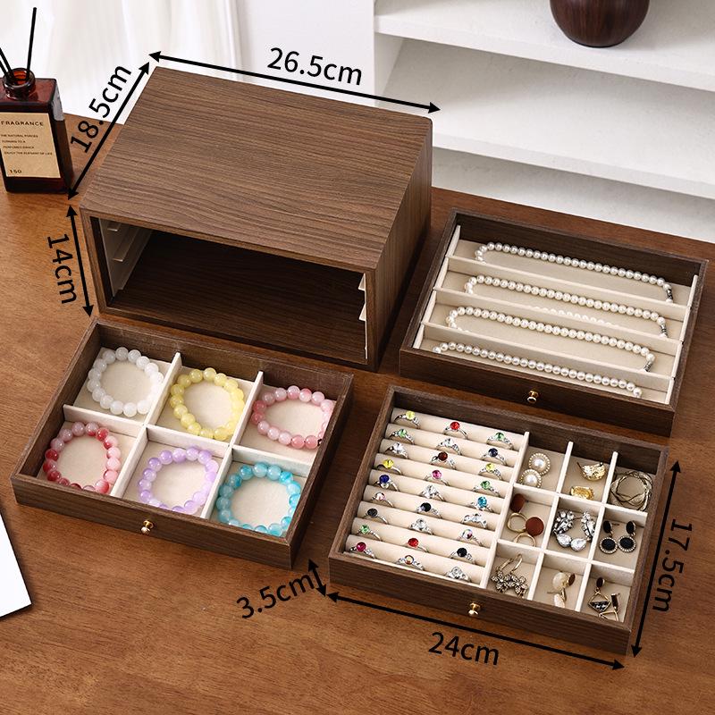 Walnut Multi-Layer Wooden Jewelry Box - Dustproof Organizer for Earrings, Rings, and Necklaces