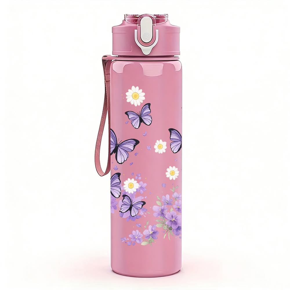 1PC Light Purple Butterfly Floral Branch 750ml Color Plastic Water Bottle Leakproof Flip Straw Lid For Sports Office Home Use