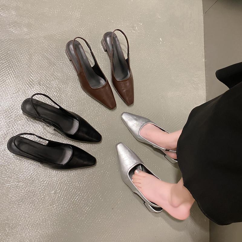 Fashion Designer Summer New Women Sandal Fashion Pointed Toe Shallow Slip on Ladies Elegant Slingback Shoes Thin Med Heel Dress Mules