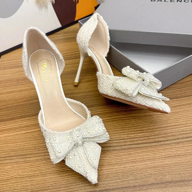 Fashion Luxury Pearl Crystal Bowtie White Wedding Shoes Women Spring Brand Designer High Heels Pumps Woman Thin Heeled Party Shoes