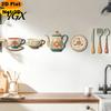 Rustic Kitchen Wall Accents 7Pcs 2D Flat Wooden Decor, Retro Teapot Tableware Themed Adhesive Art for Dining Area Art, Self?Adhesive Plaques