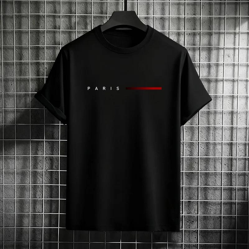 Men's 100% Cotton Summer Loose PARIS Creative Letter Print Casual Slim Fit Round Neck Short Sleeved T-shirt Top