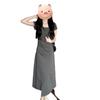 Coffee break French square collar gray dress women's small summer design sense niche slim and thin temperament long dress