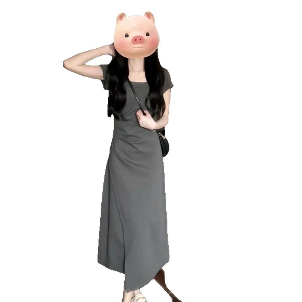 Coffee break French square collar gray dress women's small summer design sense niche slim and thin temperament long dress