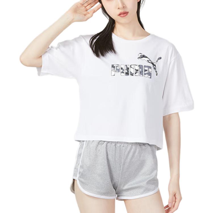 Puma Logo-Print Rundhals-Pullover Mode Sportbekleidung Fitness-Training Atmungsaktives Kurzarm-T-Shirt Damen T-Shirt Weiß 677133-02