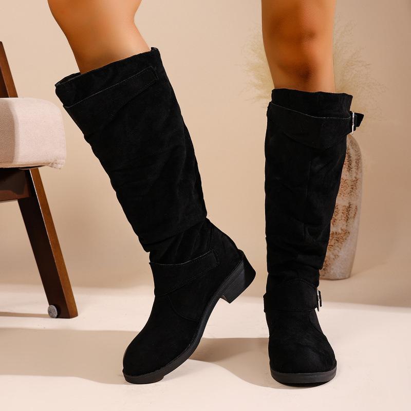 Europe, America, autumn and winter new solid color belt buckle large size round head high tube fashion boots casual boots