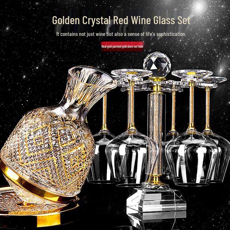 Luxury Gold Crystal Wine Glass Set with Rotating Decanter