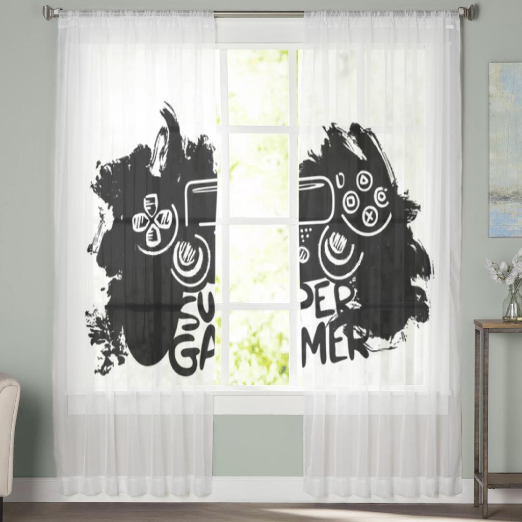 Super Gamer Black And White Sheer Curtains for Living Room Transparent Tulle Window Curtain Bedroom Kitchen Decor Veil Drapes