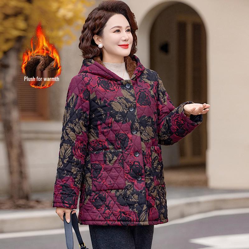 Women's Winter Hooded Fleece-Lined Cotton Jacket - Warm, Thick Coat for Middle-Aged and Elderly