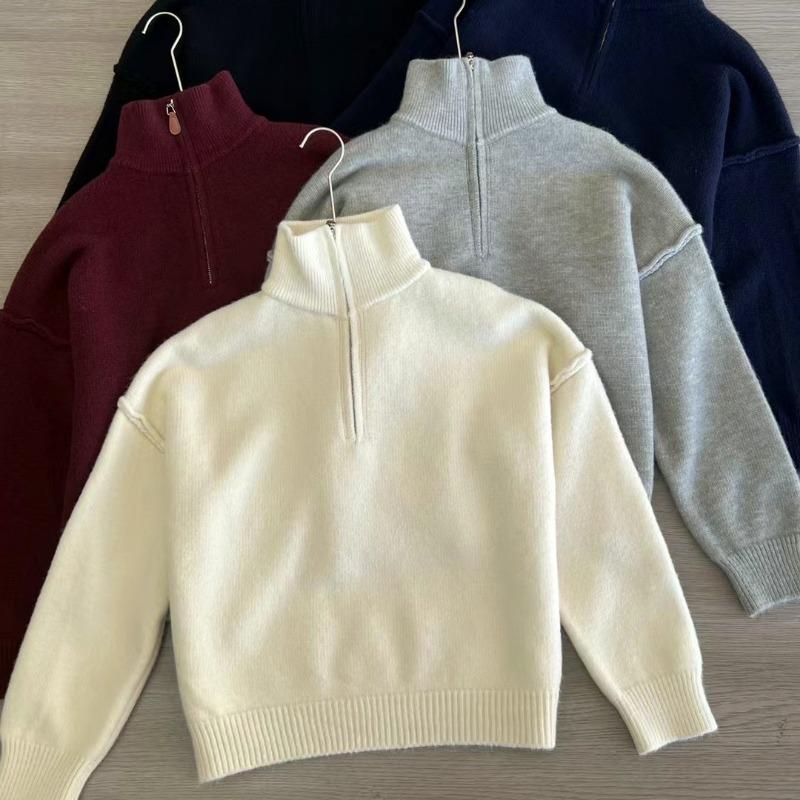 Autumn and Winter New Style Half Zipper Stand Collar Thick Design Knitted Sweater Lazy Style Sweater Jacket Top for Women