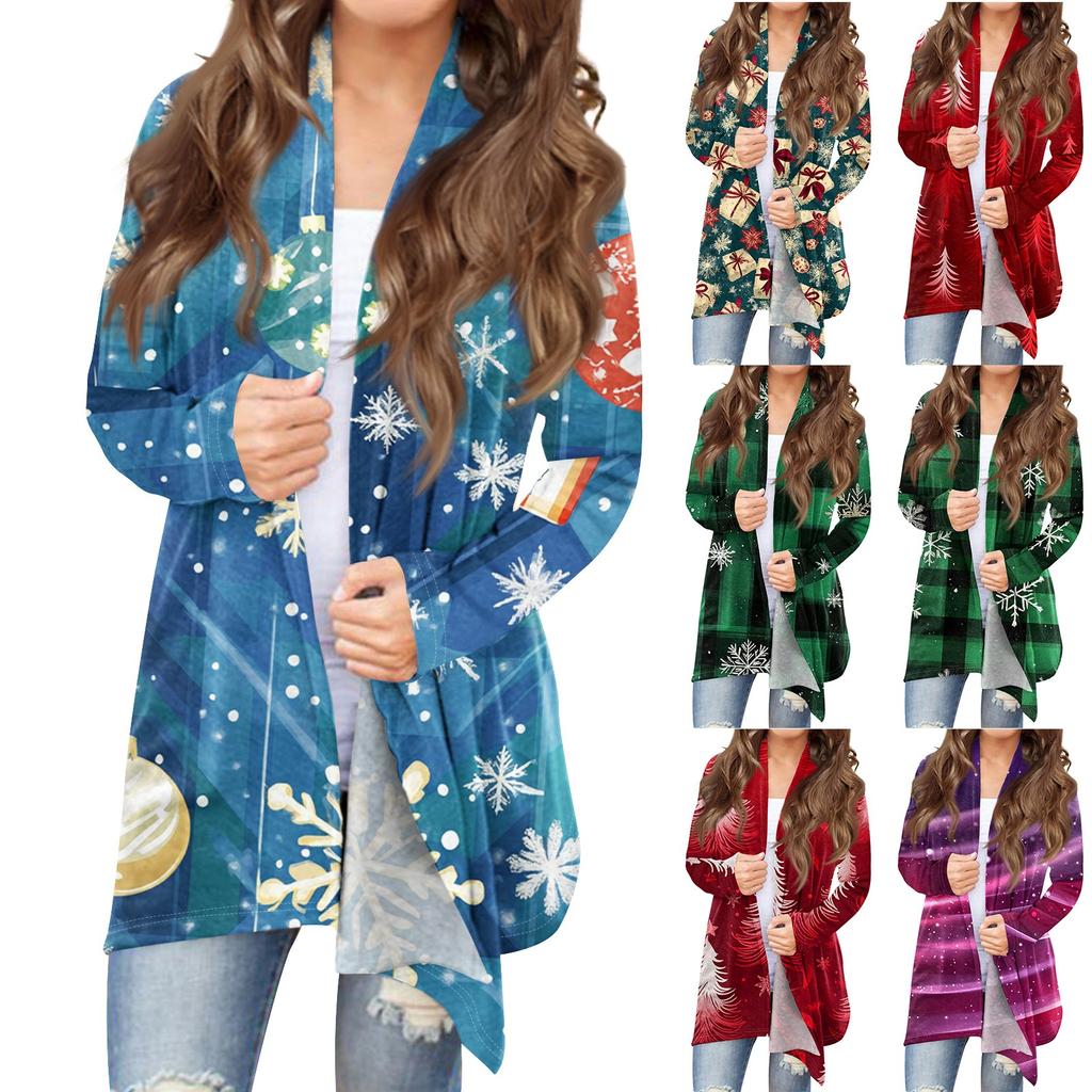 Jachetă cardigan de lungime medie, cu imprimeu de Crăciun, la modă pentru femei