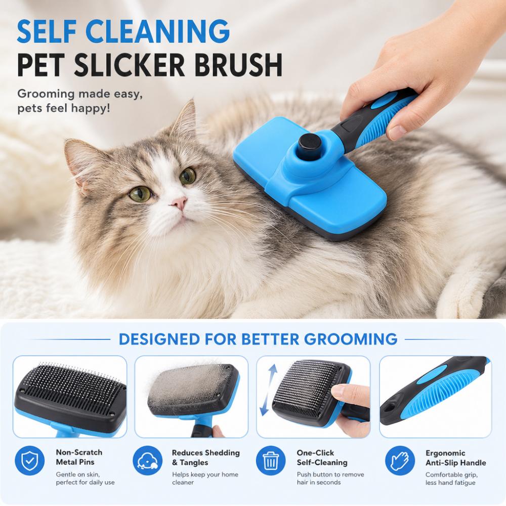Self cleaning Pet Slicker Brush Plastic12cmWide One Button Hair Release for Dog Cat Shedding Floating Fur Home Grooming Supplies