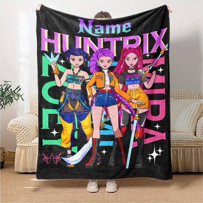 Custom Name Kpop Demon Hunters Theme Printed Blanket Perfect For Couch Bed Travel Outdoor Use Machine Washable Cozy Durable