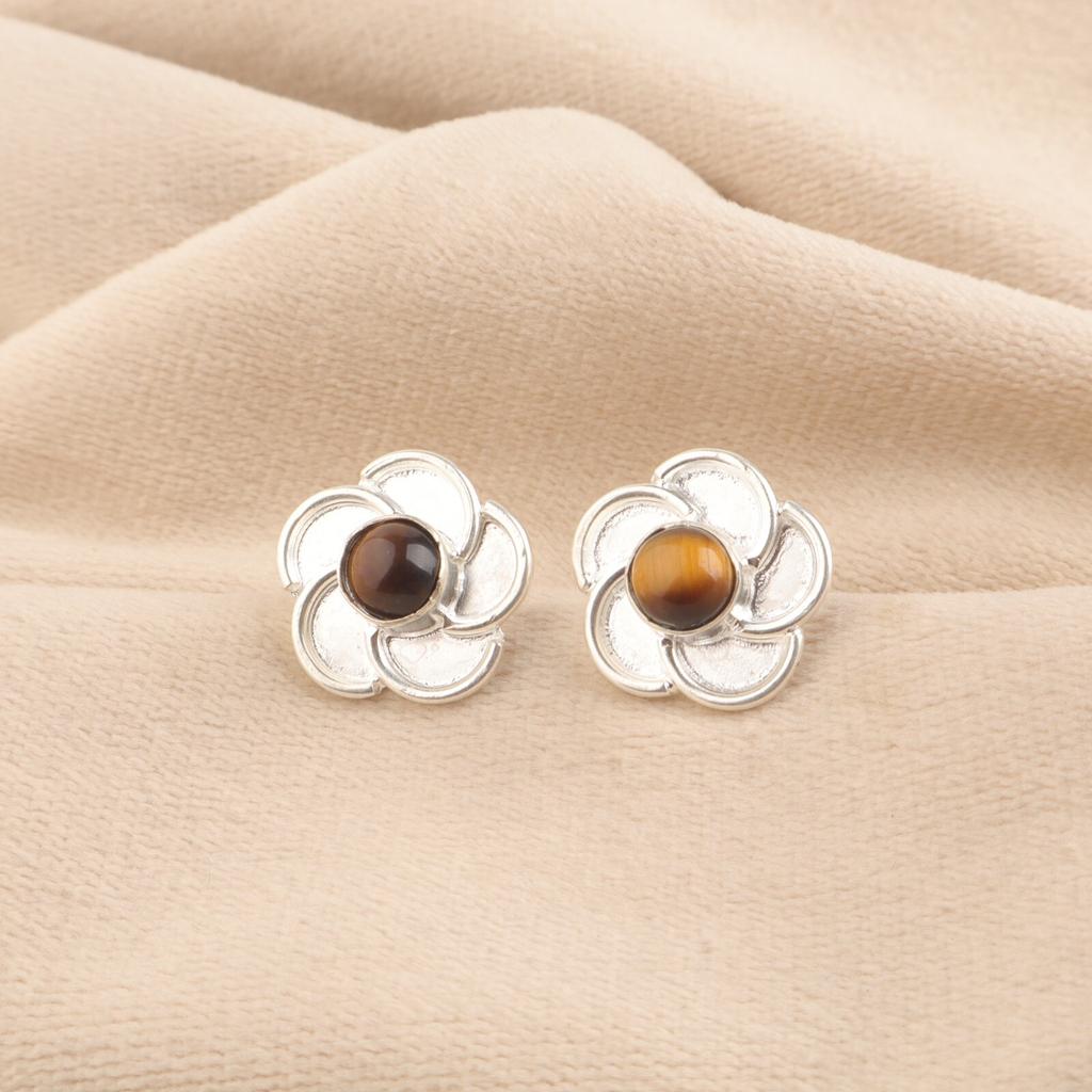 Round Yellow Tiger Eye Stone Sterling Silver Stud Sisters Gift Earrings Jewelry EE-157-30