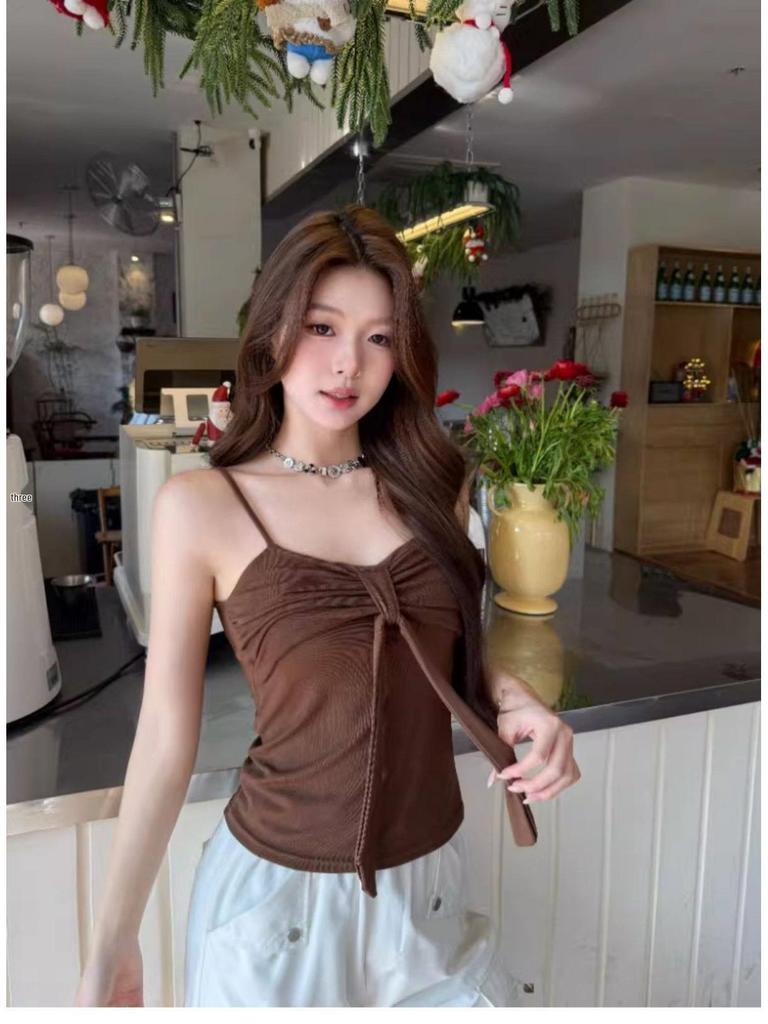 Sweet & Spicy V-Neck Pleated Camisole with Bow Tie Straps and Chest Pads - Slim-Fit Sleeveless Spring/Summer Top for Women
