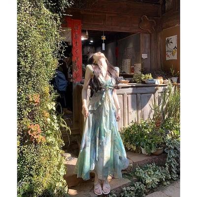 French Forest Floating Summer Dopamine Temperament Vacation Suspender Dress Smudged Summer New Waist Medium and Long Skirt