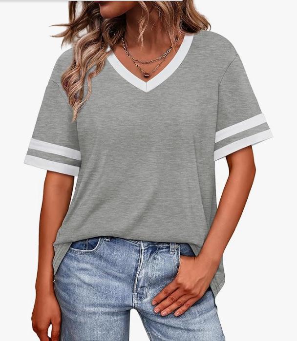 2026 Women's V-Neck Striped Color Block Loose Casual Sports Top