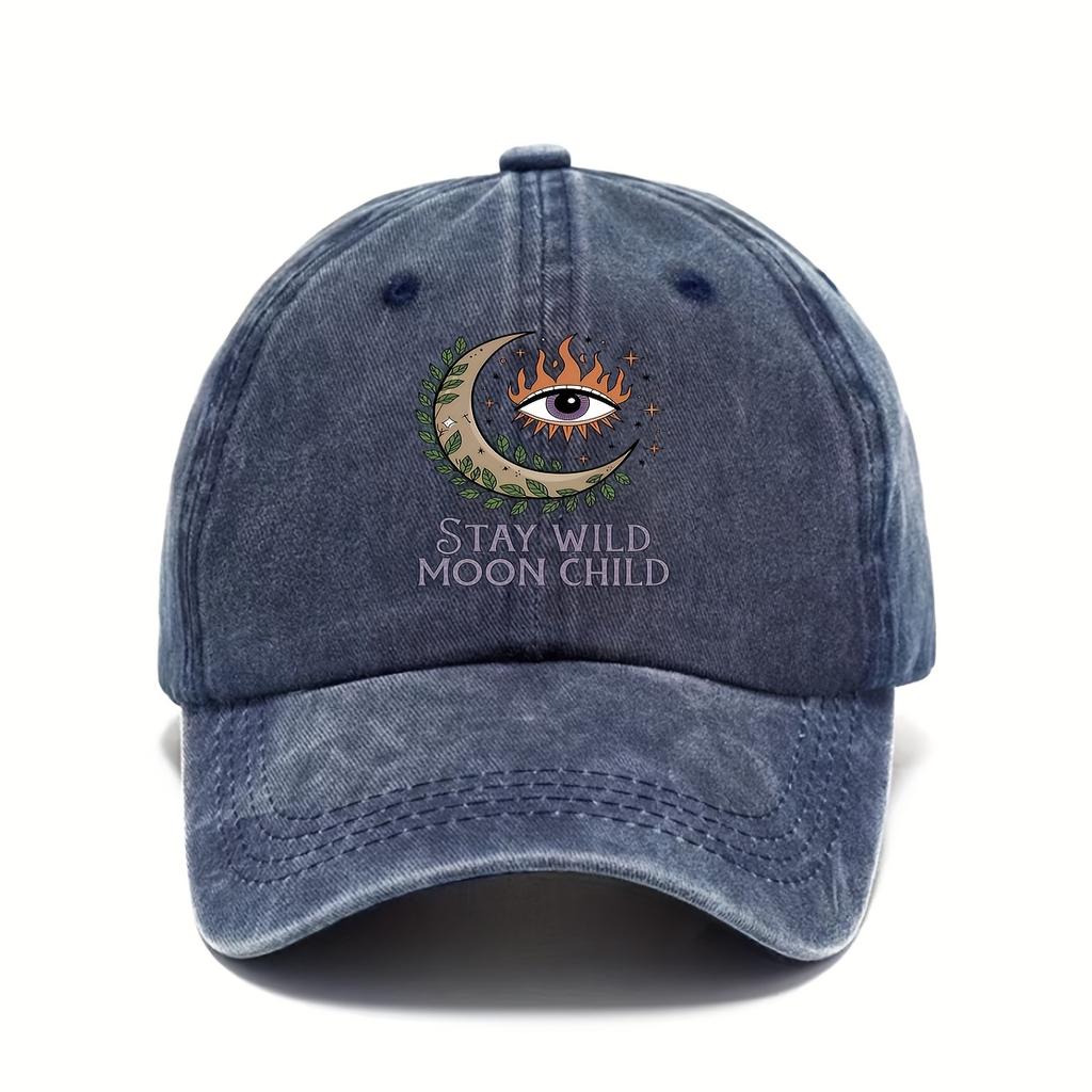 Stay Wild Moon Child Graphic Baseball Cap Celestial Eye Distressed Denim Adjustable Hat Unisex Casual