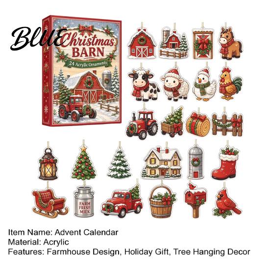 Kids Holiday Activity Ornament Set Calendar 24Pcs Christmas Advent Sets Farm Acrylic 2D with Rustic