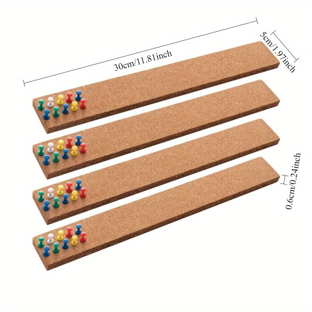 4 Pieces/set, Corkboard Bulletin Board Strip, Thick, Frameless Corkboard Strip, with 50 Mixed Color Thumbnails, The Color of The Thumbnails Is Random