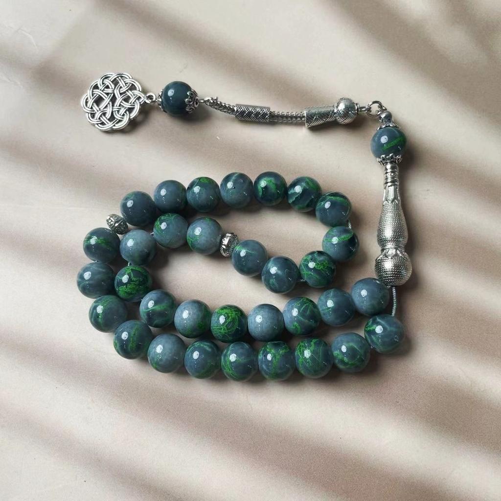 Green Veined Stone Islamic Prayer Beads Tesbih, Silver Celtic Knot Arabic Muslim Worship Rosary, Middle Eastern Jewelry Gift