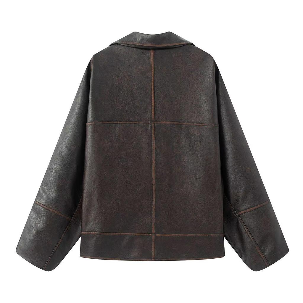European & American Women's Casual Lapel Leather Jacket Coat - Fashionable Cross-Border Style