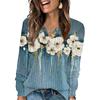 Women's Fashion V-Neck Button-Up T-Shirt With Floral Print Long-Sleeved Top
