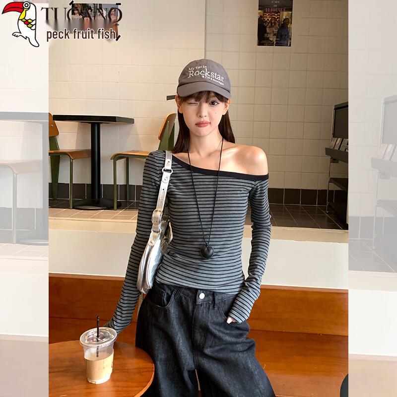 Women s Striped One-Shoulder Long-Sleeve Cotton Top M