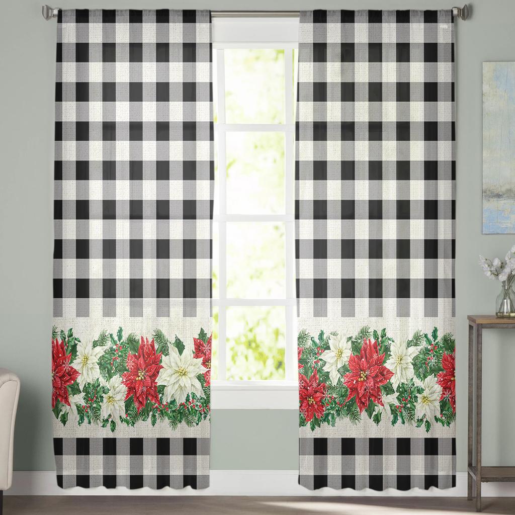 Christmas Poinsettia Berries Sheer Curtains For Kids Bedroom Living Room Voile Curtains Xmas Kitchen Tulle Curtain