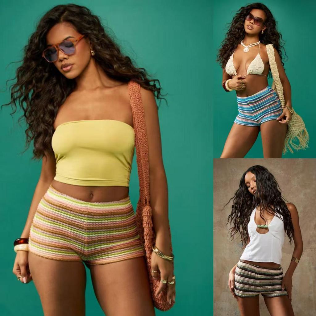 2026 Summer Women's Hollow Jacquard Striped Bikini Shorts - Sexy, High Elasticity