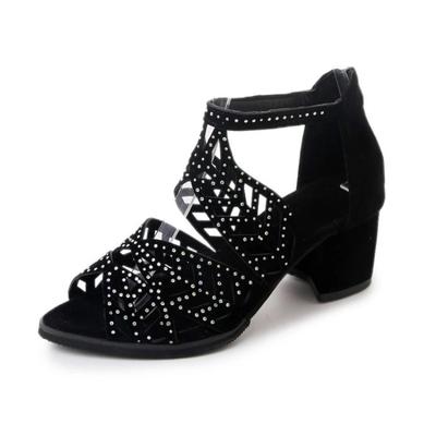 2025 New Womens Sandals Hollow Out Faux Leather Womens Pumps Rhinestone Block Heel Zip Sandals Fashion