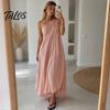 Talos Women's Summer One Shoulder Beach Sundress, Pleated A-line Flowy Long Dress, Casual Loose Travel Vacation Dress