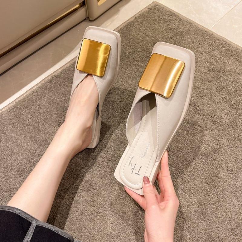 Fashion Women's Slippers Fashion Metal Buckle Mules for Women Shallow Flat Heels Shoes Outdoor Slides Square Toe Female Casual Sandals