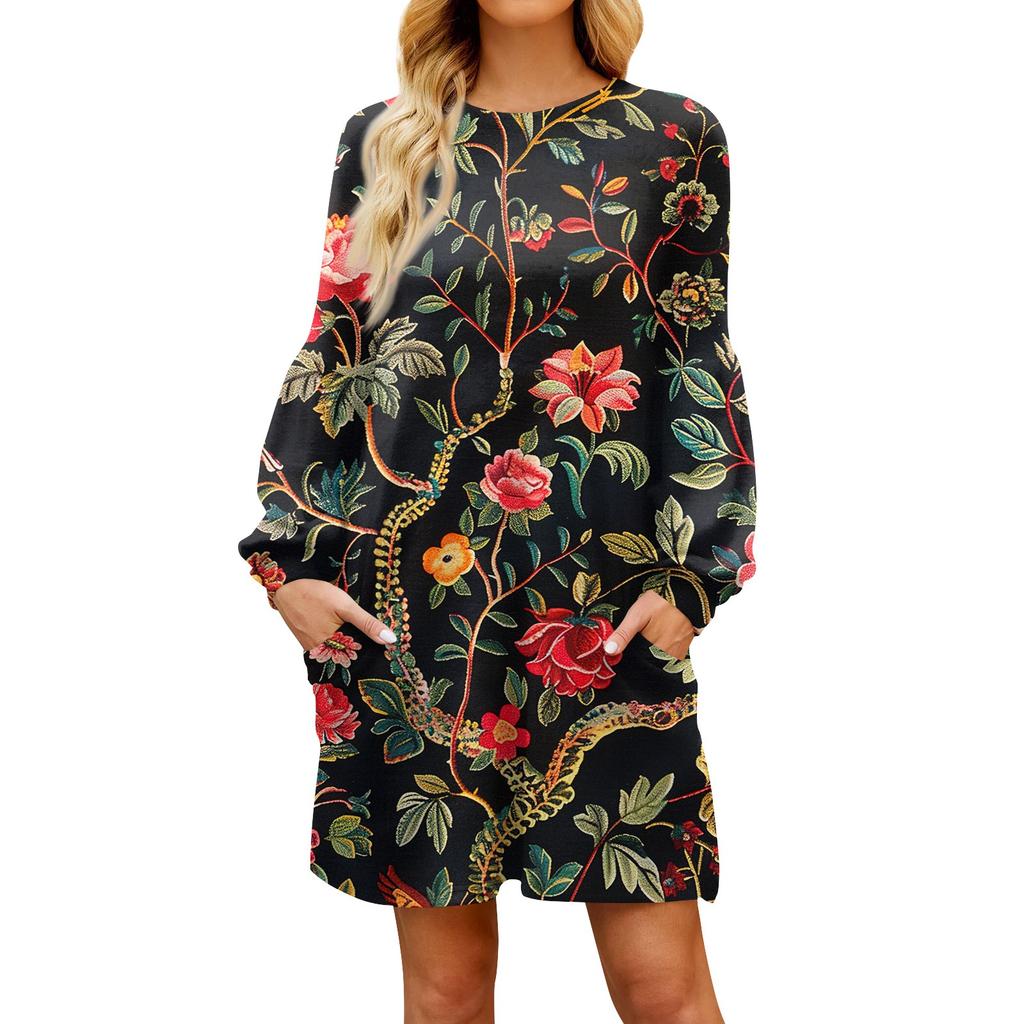 Fashion Womens Long Sleeve A Line Dress Fall Casual Pullover Crewneck Loose Fit Dress With Pockets