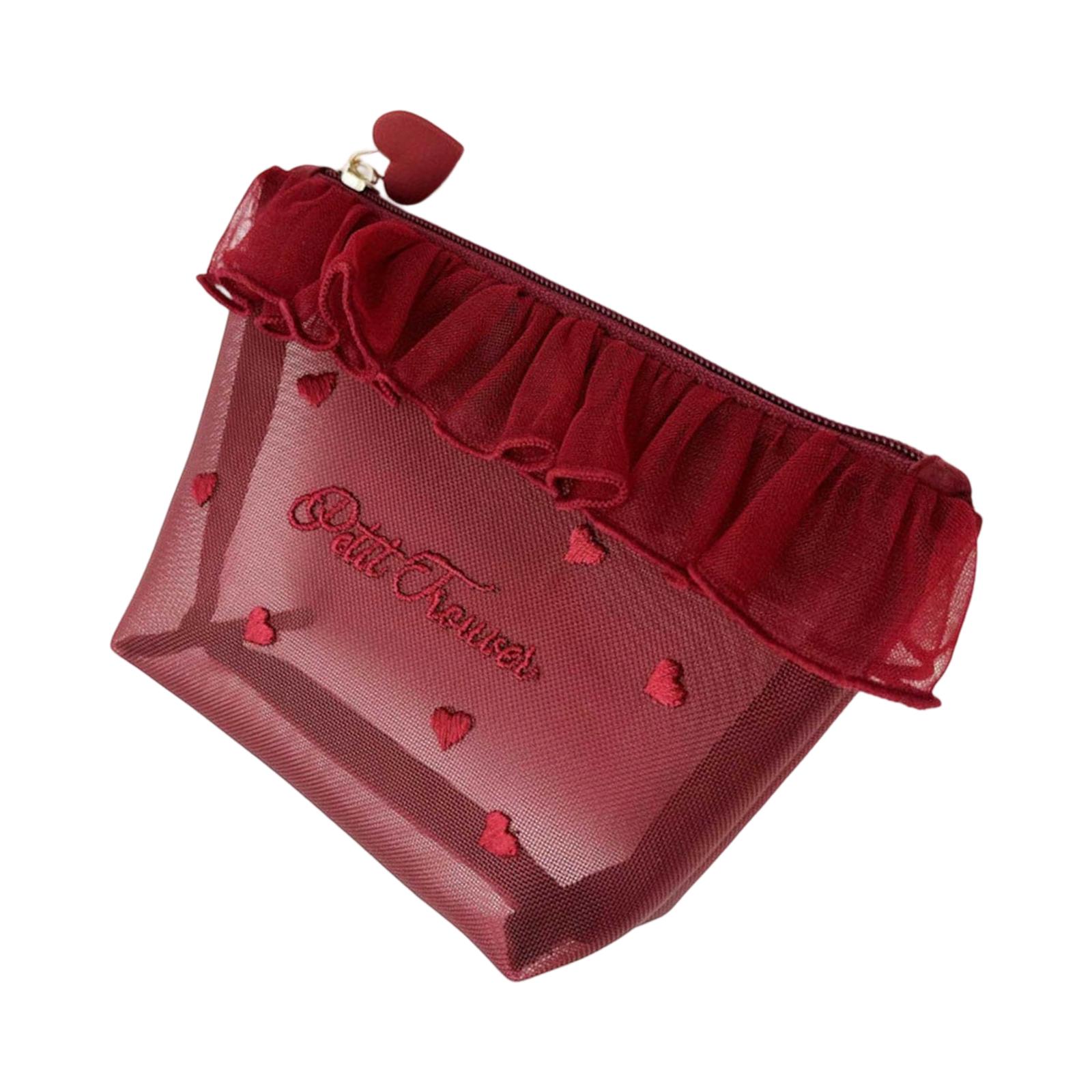 

Nylon Makeup Pouch With Transparent Mesh And Heart Embroidery Cosmetic Bag For Travel And Daily Organization 1