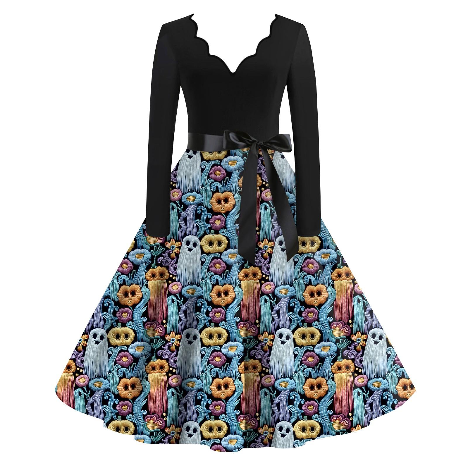 Женская повседневная мода с длинным рукавом Хэллоуин принт винтажные длинные платья осень — фото 7