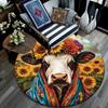 Cow with Sunflower Round Area Rug,Carpet Rug for Living Room Bedroom Sofa Playroom Decor,Non-slip Floor Mat