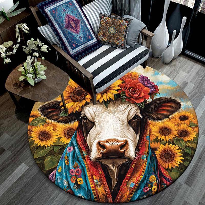 Cow with Sunflower Round Area Rug,Carpet Rug for Living Room Bedroom Sofa Playroom Decor,Non-slip Floor Mat