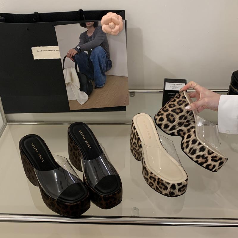 Transparent One-word Strap High Heels Women's Spring Fashion New Leopard Print Women's Shoes Open-toed Wear Wedge Heels Cool Slippers