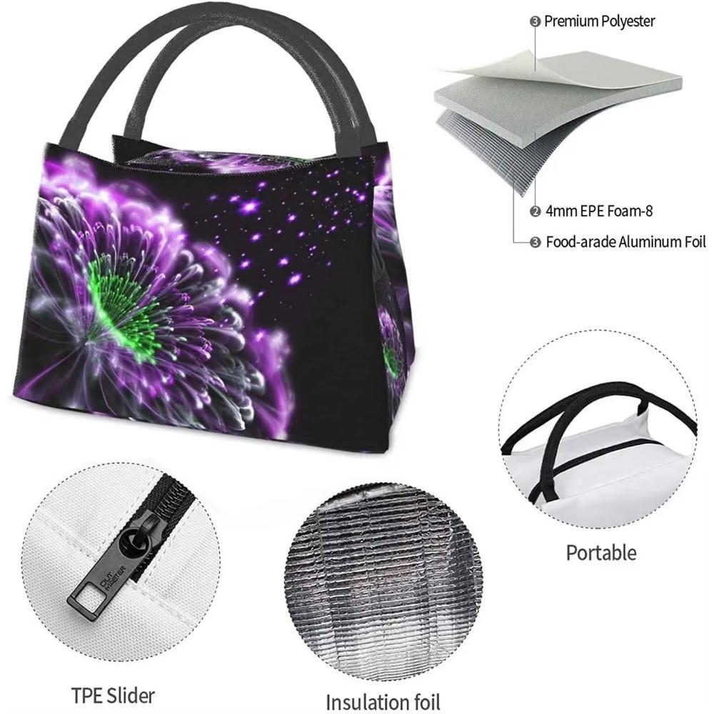 Portable Insulated Lunch Bag Abstract Purple Flowers Waterproof Tote Bento Bag for Office School Hiking Beach Picnic Fishing