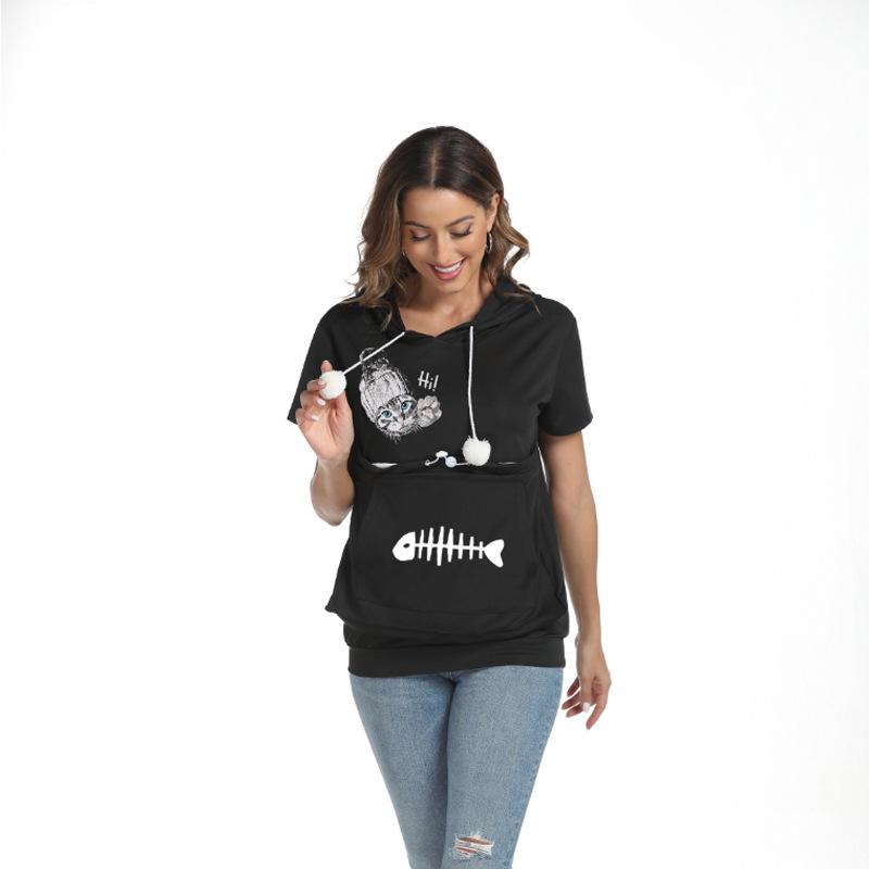 Women's summer short-sleeved large pocket cartoon printed casual drawstring hooded T-shirt