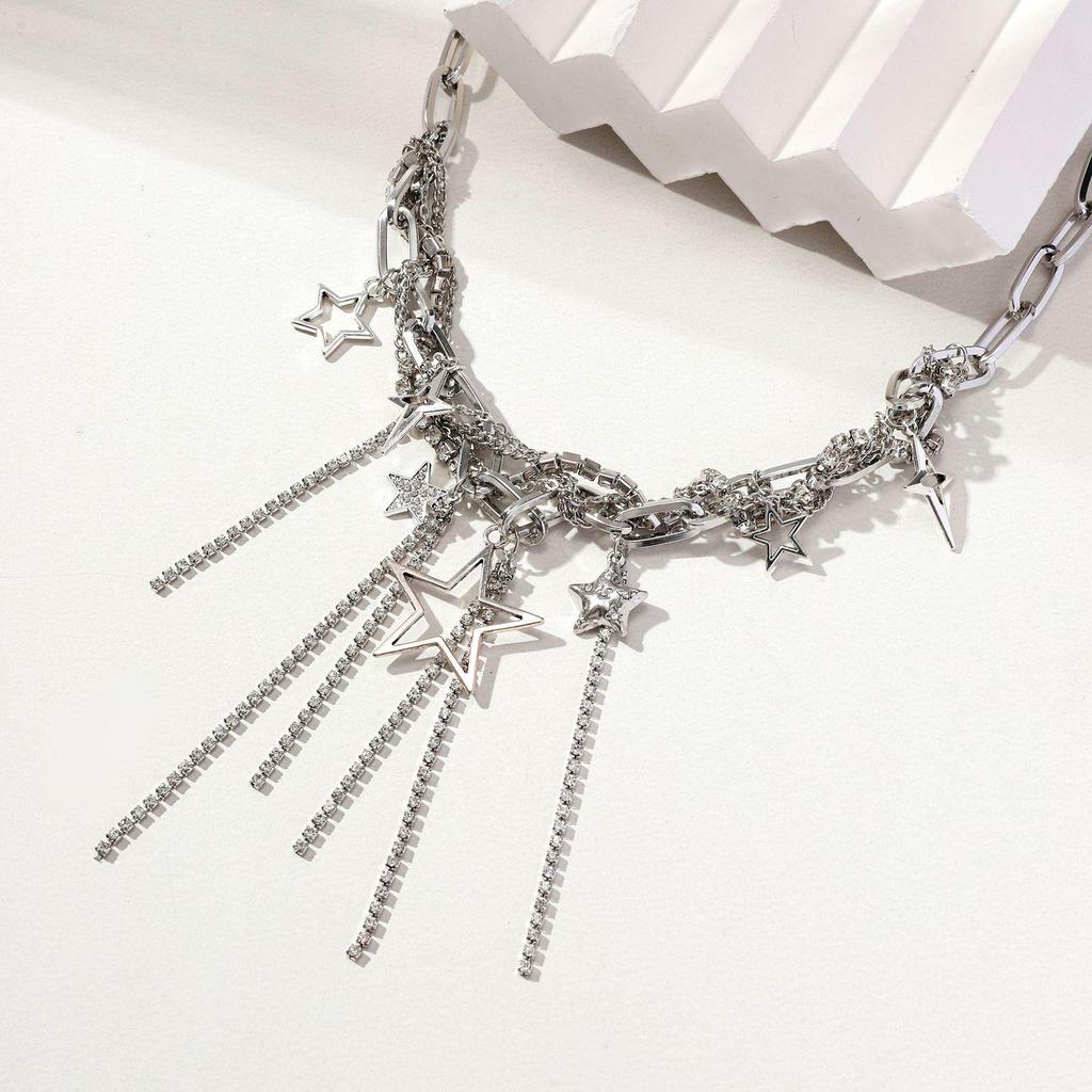 Silver Multi-Layer Star Tassel Necklace with Clavicle Chain