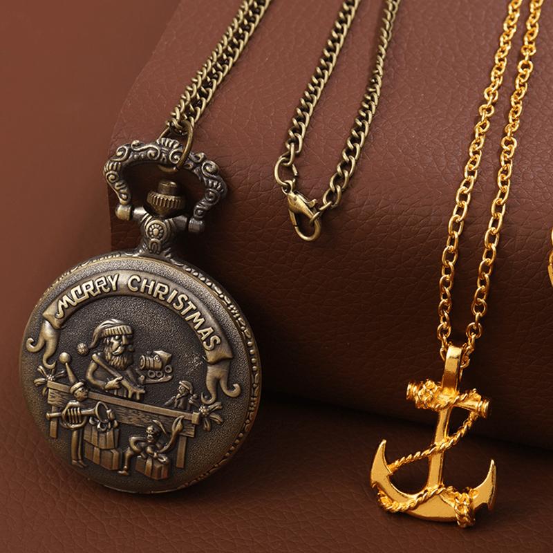 

2 шт./комплект женские карманные часы женские модные классические карманные часы из меди «Дед Мороз» и 1 шт. золотое ожерелье, подарок на День святого Валентина, рождественский подарок