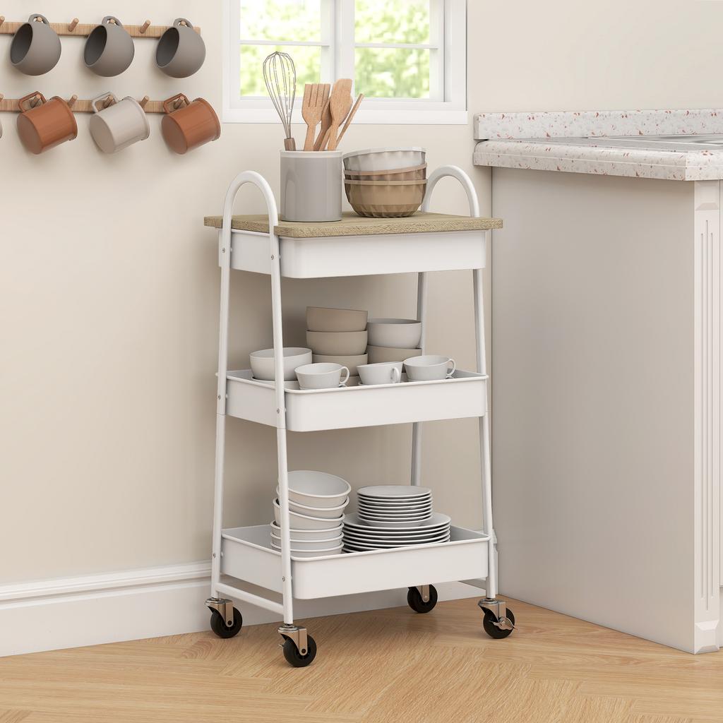 3-Tier Kitchen Storage Trolley with on Wheels Cover Top Board - White and Oak