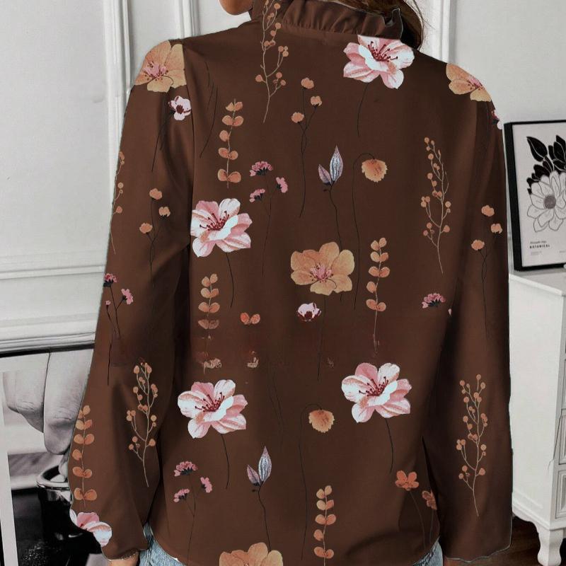 Móda Vintage Květinová Volná Košile s Dlouhým Rukávem Dámská Volánkový V-výstřih Potisk Ležérní Halenky pro Ženy Elegantní Slim Fit Jednoduché Košile pro Kancelářské Dámy 26502
