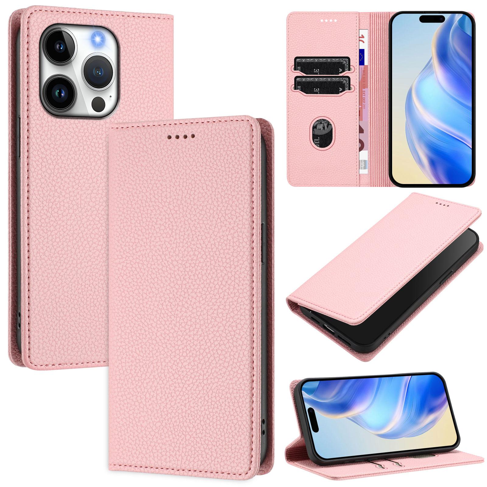 

For iPhone 16 Pro Wallet Case RFID Blocking Litchi Texture Leather Mobile Cover Pink