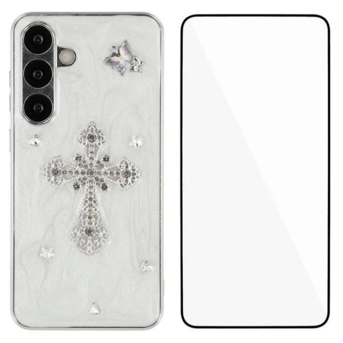 

Чехол для Samsung Galaxy S25 WANLONFENG Гальванизированный Эпоксидный ТПУ+Акрил Чехол для телефона с Закаленным стеклом Cross